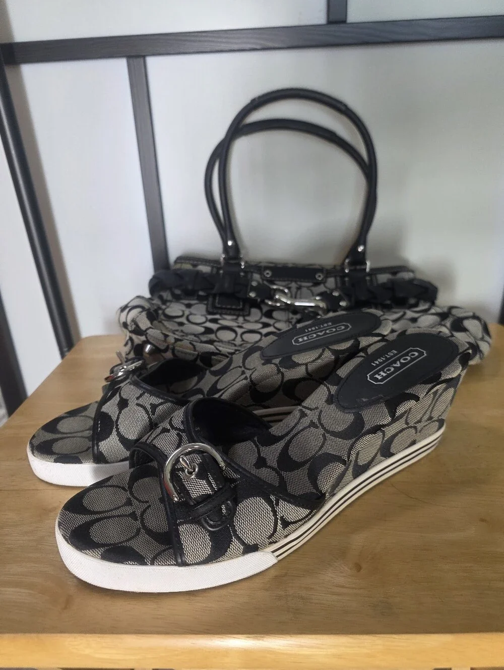 Coach Black and Gray Signature Satchel with Matching Wedge Slides Shoes Size 11